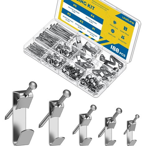 Kit de Suspension pour Cadres 188 Pièces, 4 kg, 9 kg, 13 kg, 22 kg, 45 kg Crochets pour Cadres Renforcés pour Cloisons Sèches et Bois, Crochets pour Cadres pour Photos Peintures, Argenté (1/5)