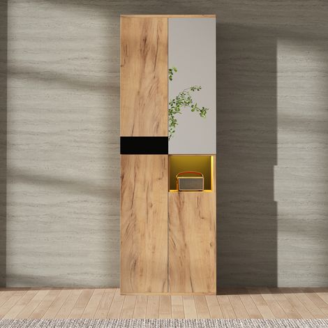 Armadio alto 65x35x190 cm con 4 ante, specchio e ripiano aperto, naturale e nero (1/5)