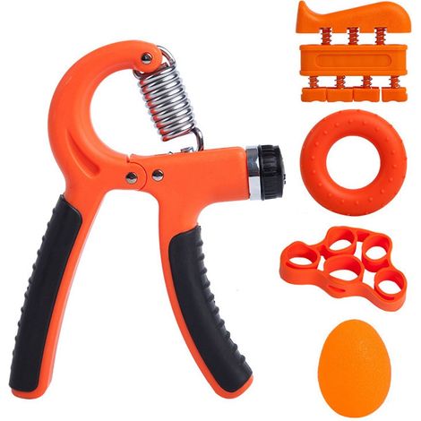 Kit de entrenamiento de fuerza para manos y antebrazos de 5 piezas en color naranja, con entrenador de agarre ajustable (5-60 kg), extensor de dedos y anillo de resistencia. (1/3)