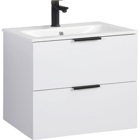 Kometmöbel Meuble Vasque Suspendu 60 cm Chêne - Ensemble Salle de Bain avec 2 Tiroirs Soft-Closing (Blanc 60cm, Sans Robinet) (1/5)