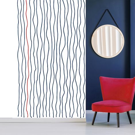 Papier peint intissé motifs vagues bleu foncé et rouge sur fond blanc, 250 cm X 150 cm. Décorez votre intérieur avec ce produit unique et élégant. (1/2)