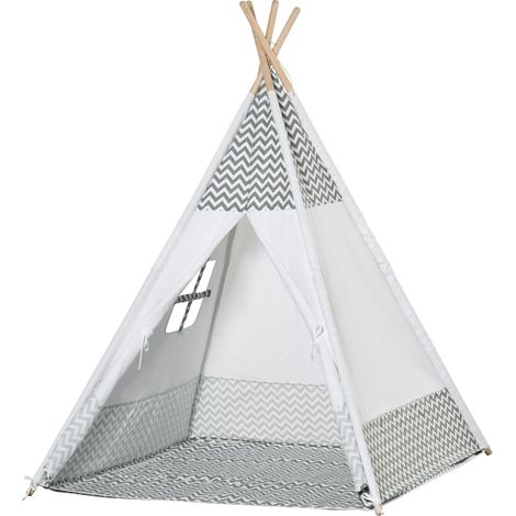 Tente Tipi Enfant +3 Ans Bois Portatif avec Fenêtre Tapis Sac Transport Intérieur Extérieur 120x120x155 cm