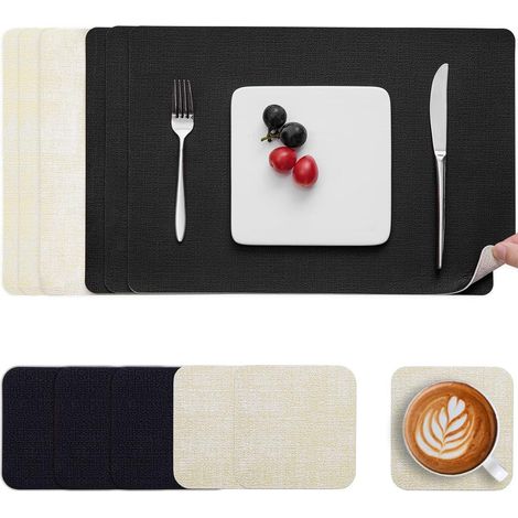 Tischsets Abwaschbar Rutschfest Kunstleder Cremeweiß Schwarz 6er Set (1/5)