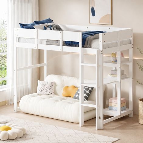Letto soppalco bimbi 90x200 cm in legno bianco con ripiani per camera, senza materasso - FLORAGRACE (1/5)