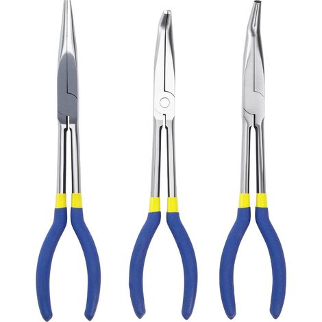 Juego de 3 alicates de punta larga (280 mm) - Rectos, 45° y 90° - Herramientas profesionales para electricistas, reparaciones, bricolaje, talleres (1/4)