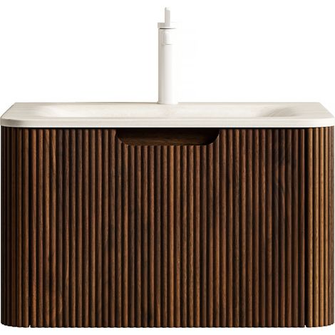 Mueble de baño suspendido 60 cm con lavabo de piedra sinterizada Travertino Roma, nogal (1/5)