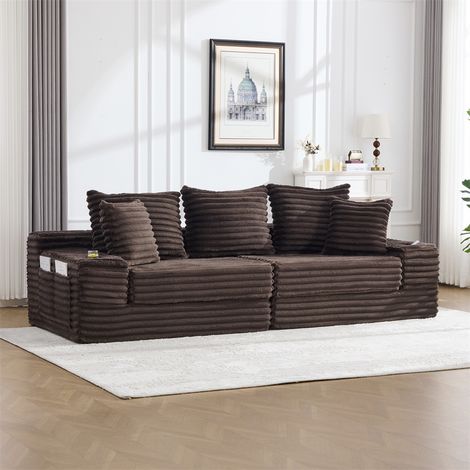 Canapé en Velours Côtelé avec Méridienne - 273 x 98 x 87 cm - Canapé d'Angle Convertible avec Porte-Gobelets - Marron Café (1/5)