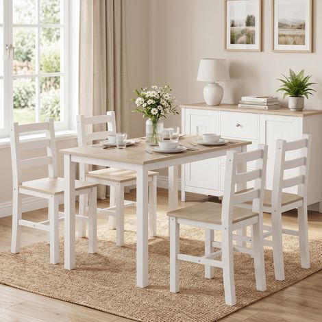 Ensemble repas 5 pièces style campagne bois massif naturel‑blanc pour 4 personnes, table et chaises (1/5)