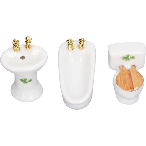 Ensemble Salle de Bain Miniature 3 Pièces Céramique Baignoire Toilette Lavabo 1/24 Maison de Poupée Motif Herbe (1/5)