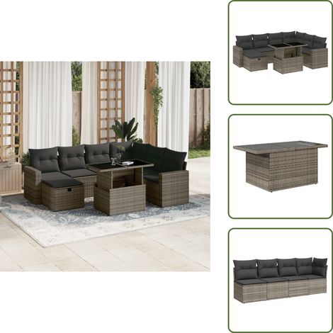 The Living Store Salon de jardin 8 pcs avec coussins gris résine tressée - Salon De Jardin - Mobilier Extérieur - Set Salon - Résine Tressée - Rotin Synthétique (1/5)