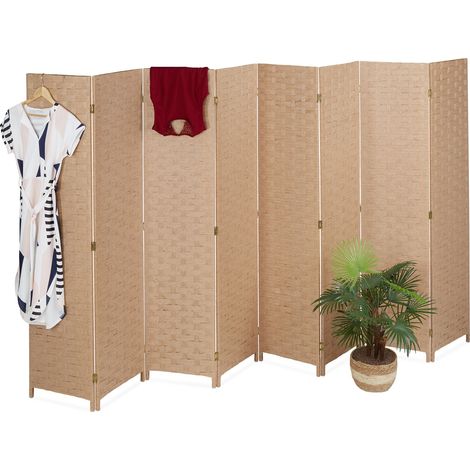 Paravento Relaxdays, 170 x 320 cm, pieghevole 8 pannelli, legno e corda di carta, naturale