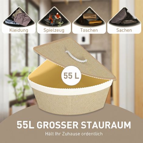 Panier à linge d'angle, rotin bambou, 55 litres, sac en tissu, cadre métallique, crème (1/5)