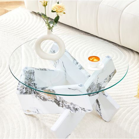 Runder Couchtisch 79x79x45 cm Weiß und Transparent, Glasplatte, Marmoroptik, MEUBLIV (1/5)