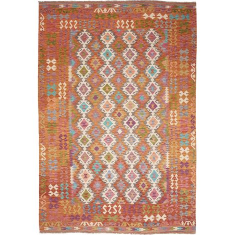 Tapis kilim 201 x 298 cm, ethnique, multicolore, bleu et orange, en laine, tissé plat, fabriqué au Pakistan (1/5)