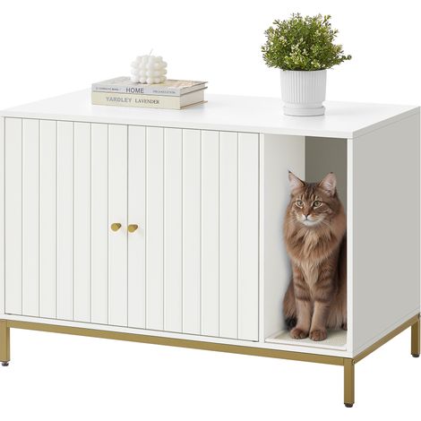 Meuble Litière pour Chat, Maison de Toilette pour Chat, avec Tapis de Grattage, Pieds Hauts, Table d'Appoint, 90 x 48 x 61,5 cm, Blanc et Doré (1/5)