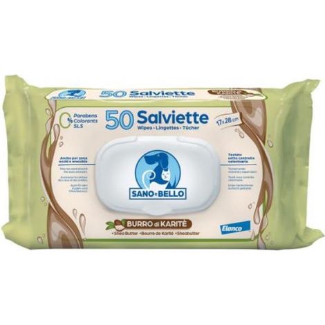 Elanco Sano e Bello Dog & Cat Salviette Detergenti Burro e Karitè - Confezione 50 Salviette -