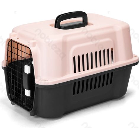 Cage de transport bicolore pour animaux de compagnie avec plateau hygiénique, ventilée et résistante.