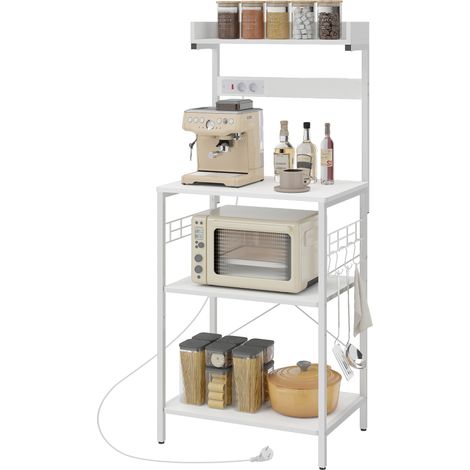 Étagère Cuisine 2 Prises, Étagère Micro-Ondes Ajustable avec Crochets 60x42x137 cm Blanc