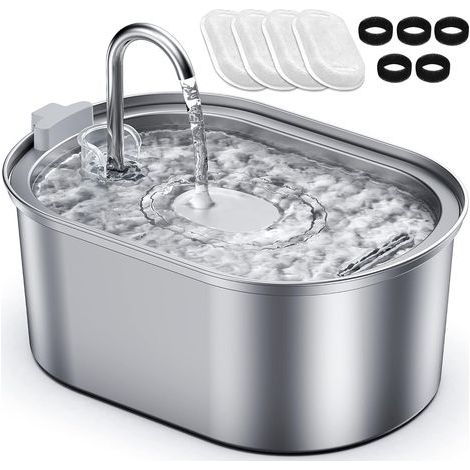 3,2 L Fontaine à Eau Chat en Acier Inoxydable, Équipée de 4 Filtres à Charbon et 5 Filtres en Mousse Remplaçables, Fontaine à Eau pour Chat Silencieuse avec Pompe 30dB (1/4)