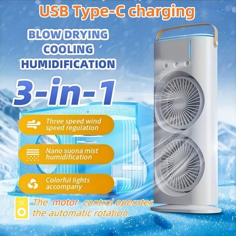Ventilateur double tête USB climatiseur portable brumisateur rafraîchisseur d’air 3 vitesses silencieux,Blanc (1/5)