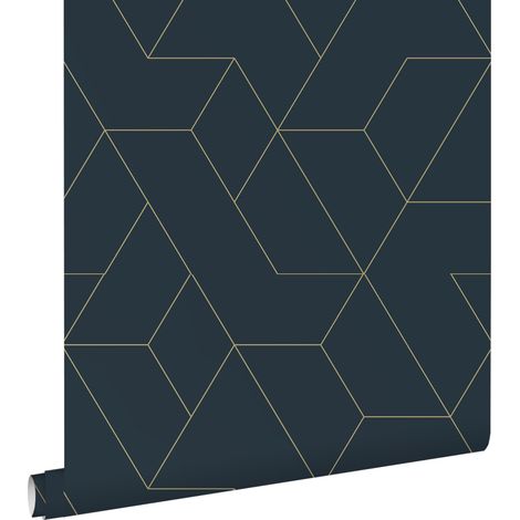 papier peint lignes graphiques bleu foncé et or - ESTAhome (1/5)