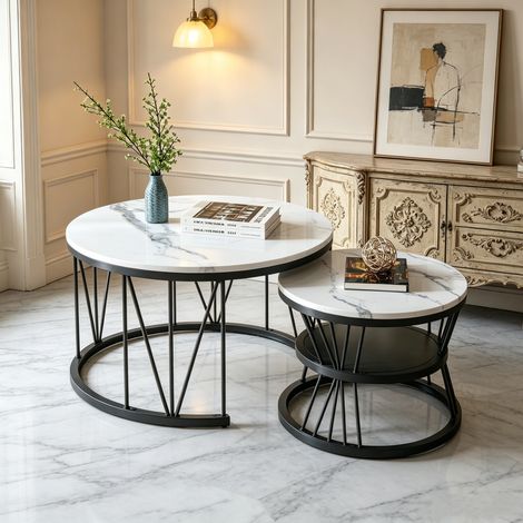 Lot de 2 tables basses gigognes - Plateau effet marbre blanc, pied noir en fer forme en V, Espace de rangement ouvert pour Salon chambre bureau