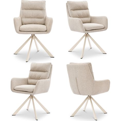 Bon Furni Sillas giratorias 360° tela aspecto lino beige patas blancas, juego de 4
