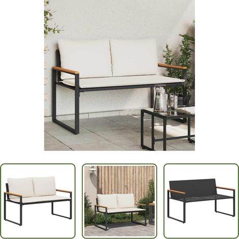 Terrassenbank -  Bank mit Kissen Schwarz und Cremeweiß 115 x 65 x 72 cm Rattan (1/5)