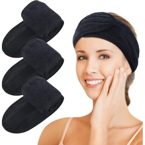 3 diademas de microfibra para mujer – diadema para maquillaje y spa, lavable, ajustable con velcro, apta para el baño, la limpieza facial y el deporte – negra (1/5)