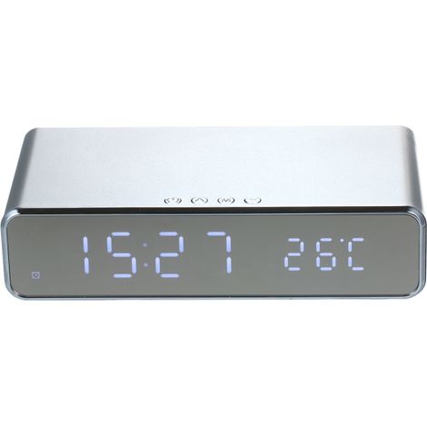 Réveil de bureau multifonction avec chargeur sans fil, horloge numérique LED, thermomètre (°C/°F), alarme LED et calendrier pour la maison, le bureau ou la résidence étudiante.