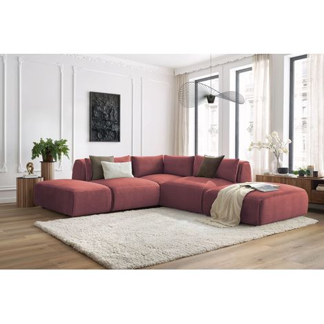 BOBOCHIC - Canapé d'angle fixe modulable JEANNE tissu velours avec 2 chauffeuses, 1 angle et 2 poufs Réversible Orange (1/5)