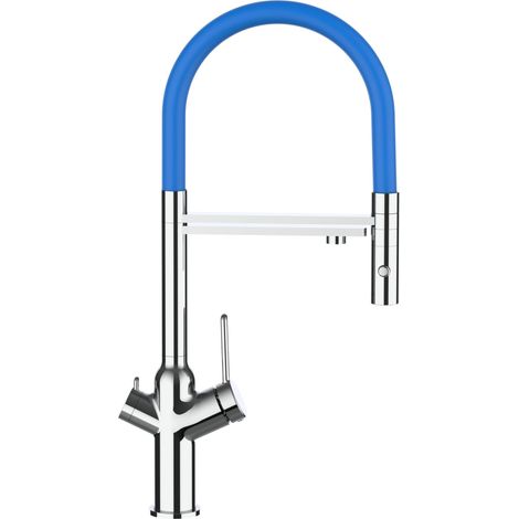 Rubinetto 3 vie miscelatore cucina cromato con canale separato per acqua filtrata, canna blu movibile e doccia due getti staccabile - serie BOD (1/5)