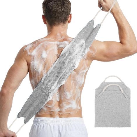Serviette Exfoliante Douche Longue pour le Dos,Gant de Toilette Exfoliant Double Face avec Poignées,Brosse Corps Extensible Nylon Séchage Rapide,Nettoyage en Profondeur Homme Femme,Gris Clair(39cm20cm (1/4)