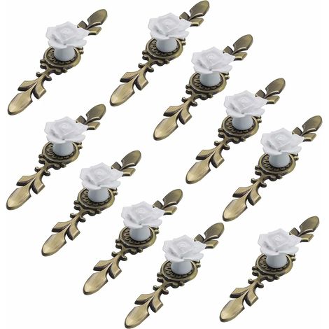 Juego de 10 pomos de cerámica para muebles, 41 mm de diámetro, diseño de roseta con placa de bronce, color blanco, 170 mm de longitud. (1/5)