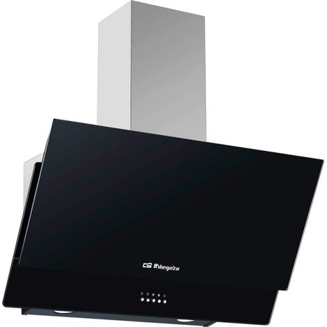 Cappa decorativa in vetro nero Orbegozo.  Classe energetica C. Motore 105W.  3 livelli di potenza.