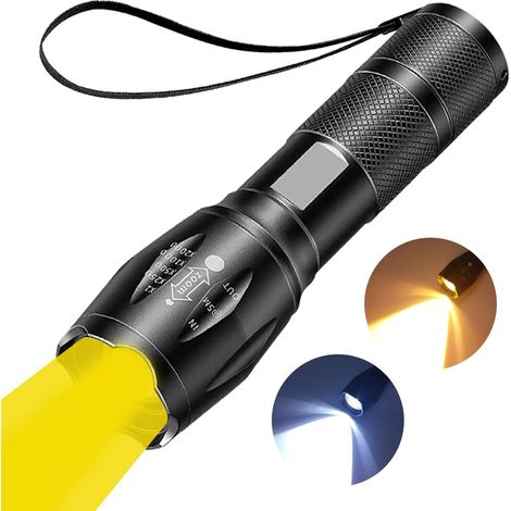 Lampe de poche rechargeable 2 en 1 jaune, super lumineuse zoomable 2000 lumens avec combinaison de lumière blanche et jaune, lampe de poche jaune étanche, offrant une meilleure visibilité