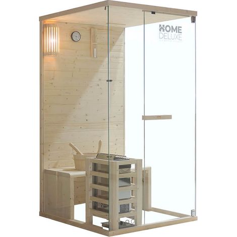 HOME DELUXE - Sauna traditionnel ARUNA S - Dimensions : env. 100 cm × 110 cm × 190 cm, bois : épicéa, verre de sécurité transparent 8 mm - poêle et accessoires de sauna inclus
