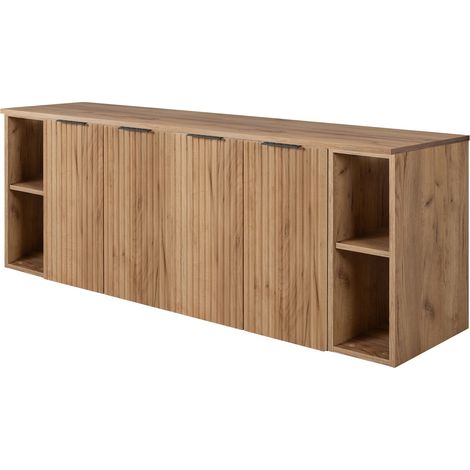 Furnidea - Meuble sous vasque suspendue FLOW CHÊNE 160 cm avec 2 x l'étagères - extensions et plan - 4 portes - façades rainurées (1/5)