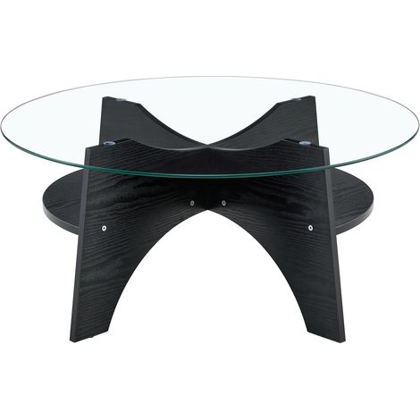 Table d'appoint ronde moderne en verre de sécurité - Ø 80 cm, design multifonctionnel. Structure en forme d'éventail. Pieds de table en MDF aspect bois noir. Idéale pour salle à manger, salon, bureau,