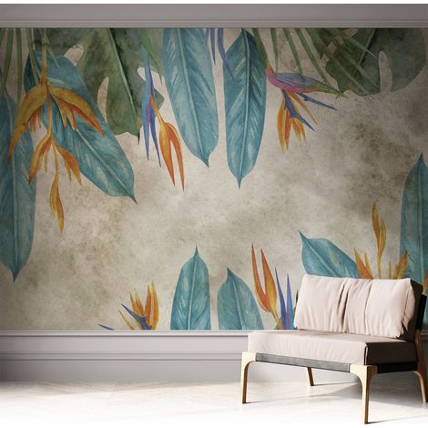 Papier peint autocollant adhésif décoratif avec motifs pour salon et chambre a motif Fleurs tropicales 312x219 cm (1/5)