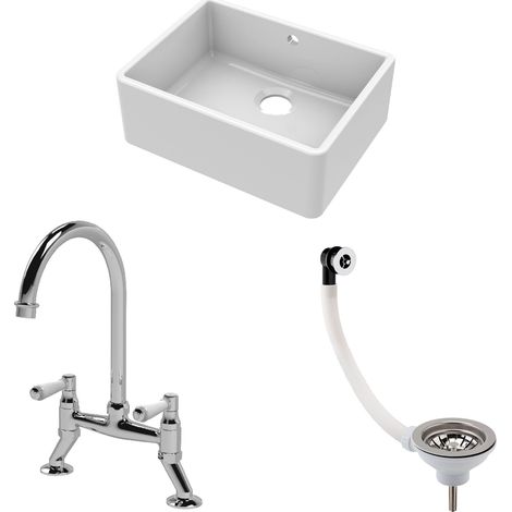 Fireclay Kitchen Bundle Single Bowl Butler Sink with Overflow, Waste & Bridge Mixer Tap, 595mm Chrome Finish by Balterley