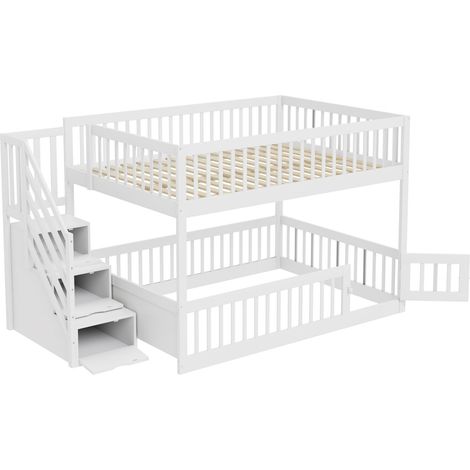 Letto a castello per bambini 140 x 200 cm bianco con scala contenitore e cassetti (1/5)