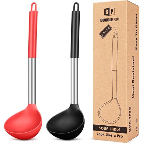 Lot de 2 louches cuillères en silicone pour soupe, ustensiles de cuisine antiadhésifs, sans BPA, outils de cuisine pour mélanger et servir les soupes (Noir Rouge) (1/5)