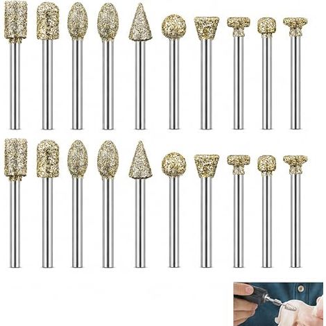 Ensemble de Fraise Diamantées, Mèche Meulage Diamant, Tige 1/8" 3 mm, Grain 60, Embouts de Meulage, Gravure, Sculpture et Ponçage pour Verre, Pierre, Céramique, Marbre, Granit, Jade et Métal (1/5)