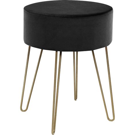 Pouf Poggiapiedi In Velluto Con Gambe Dorate Elegante Imbottito Sgabello Per Toeletta Mobile Trucco Ottomano Ingresso Tavolino Camera Da Letto Soggiorno Salotto Nero - Rotondo