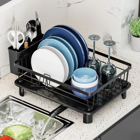 Dish drainer, space-saving dish drainer, countertop dish drainer, kitchen drainer with removable utensil holder, drainer and adjustable spout, 11"L x 15"W (1/5)