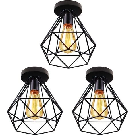 Retro Plafonnier Industrielle Cage Diamant en Metal Fer Lampe pour Salon Cuisine Couloir Noir 3PCS (1/5)