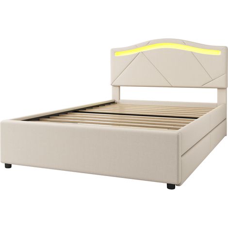 Cama tapizada 90 x 200 cm con somier, 2 cajones, LED, cabecero ajustable, beige (1/5)