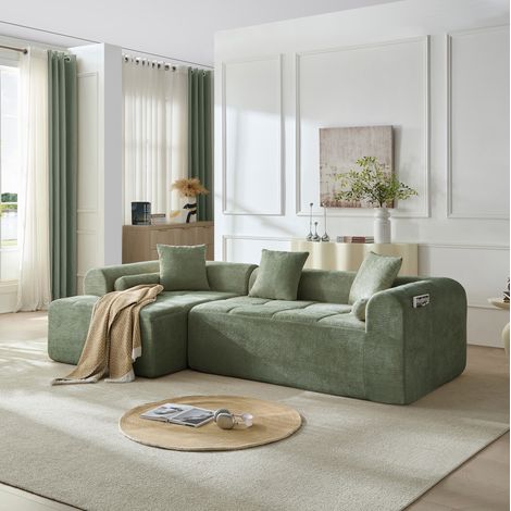 Divano angolare 263 x 132,5 x 68 cm in tessuto ciniglia verde con vano portaoggetti FloraGrace (1/5)