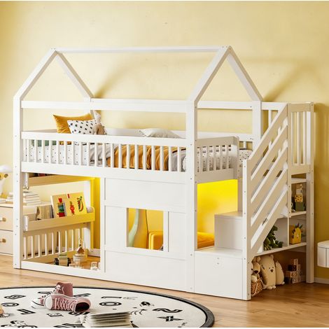 Cama alta 90x200 cm con escalera, almacenaje y LED, en madera, blanco (1/5)